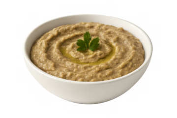 Baba ghanoush decorated with parsley and olive oil on transparent background