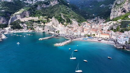 Obraz premium Amalfi Coast In Amalfi Salerno Italy. Breathtaking Aerial View Of A Lush Tropical Coastline Scenery. Paradise Landscape Idyllic Amazing. Paradise Coast. Amalfi Salerno.