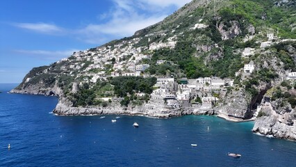Amalfi Coast In Praiano Salerno Italy. Bird Eye View Of A Amazing Coastal Beach In The Summer...