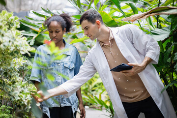 Young scientist and team member are conducting agricultural research in farm environment surrounded by lush green plants and focused on plant study