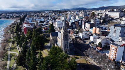 Cathedral Of Bariloche In Bariloche Rio Negro Argentina. Breathtaking Aerial View Of Famous Church...