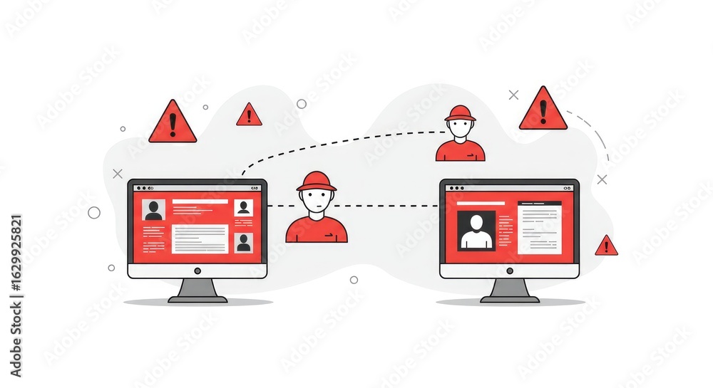 Poster computer monitors displaying user profiles with security warnings online safety risks privacy concer
