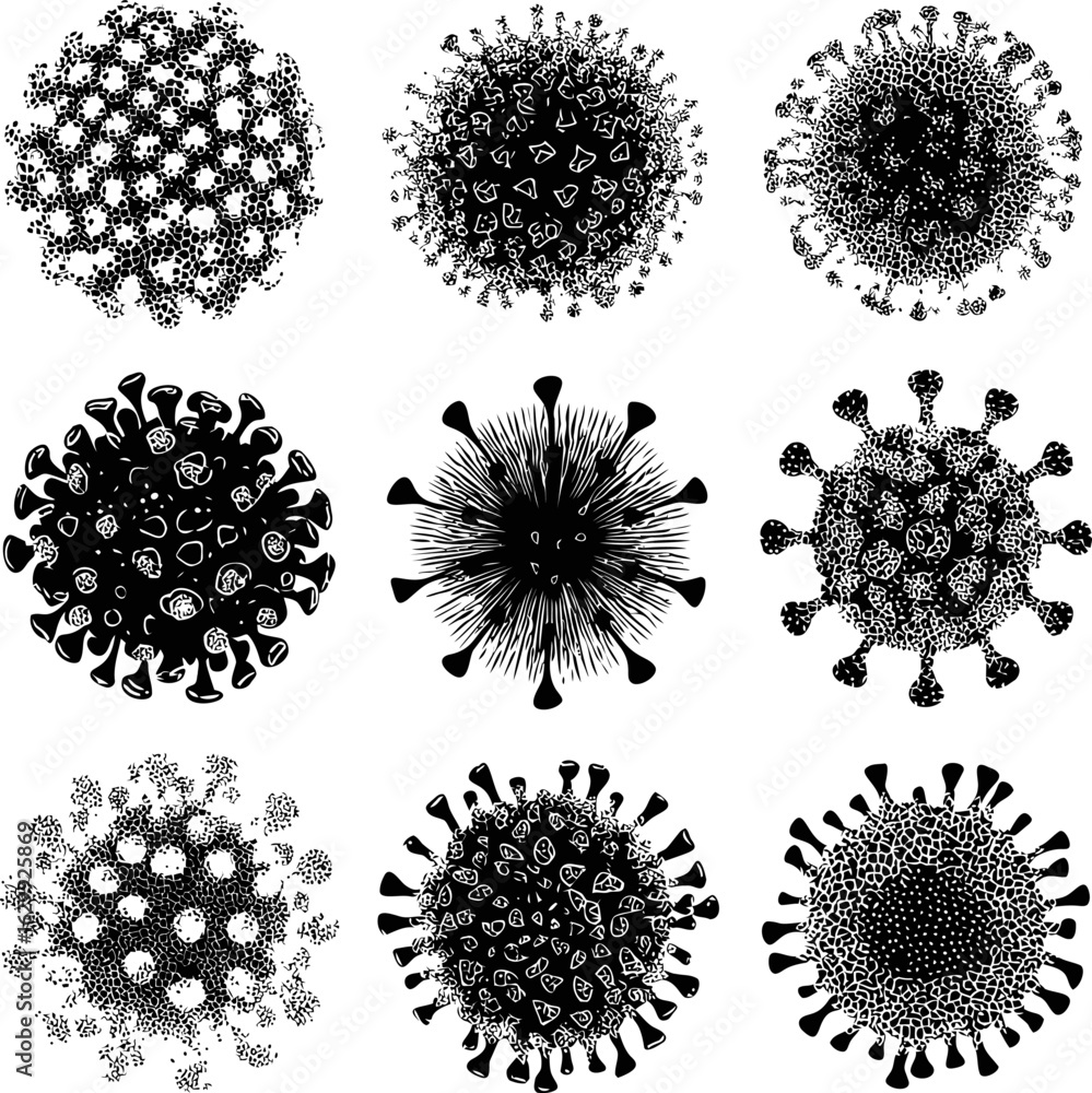 Poster black and white abstract virus shapes with unique patterns, sketch style. vector illustration