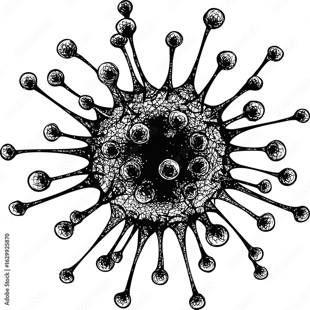 Poster black and white sketch of a virus with intricate branching patterns. vector illustration