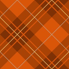 A geometric design features intersecting diagonal lines and squares in varying shades of orange and brown. The pattern creates a dynamic and balanced composition with a plaid-like appearance.