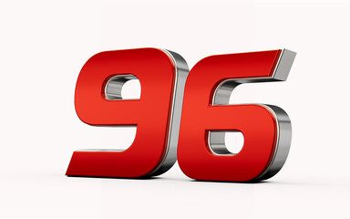 Metallic Red number 96 or Ninety six with silver edges stands on a white background. 3d illustration