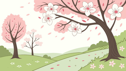 Serene spring landscape illustration a picturesque scene of cherry blossom trees in full bloom, creating a peaceful and romantic atmosphere in nature