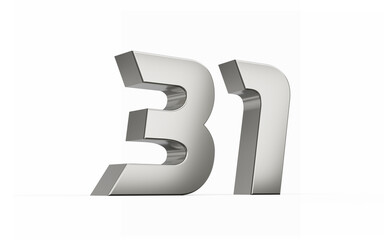 3d Silver number 31 Thirty one sleek metallic look isolated on white background, 3d illustration