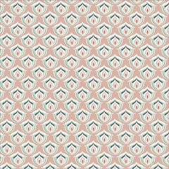 Seamless repeating pattern featuring stylized, symmetrical damask motifs resembling layered petals in shades of white,red,pink and olive