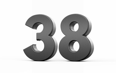Sleek metallic Black number 38 Thirty eight standing on a white background, 3d illustration