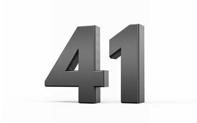 Sleek metallic Black number 41 Forty one standing on a white background, 3d illustration