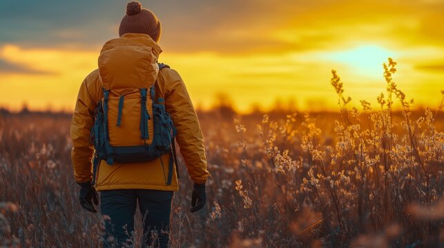 Hiking Outdoors Wilderness Man With Backpack