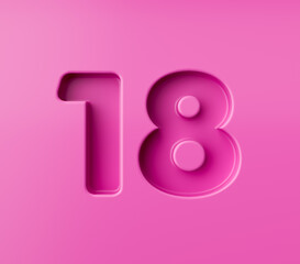 Vibrant pink number 18 Eighteen embossed on a pink background, 3d illustration