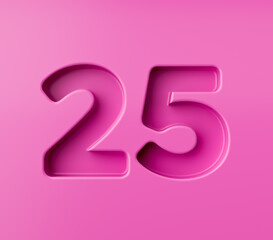 Vibrant pink number 25 Twenty five embossed on a pink background, 3d illustration