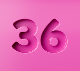 Vibrant pink number 36 Thirty six embossed on a pink background, 3d illustration