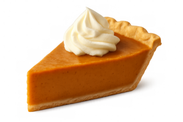 Slice of pumpkin pie with whipped cream on transparent background