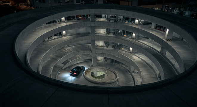 Overhead view of a futuristic spiral parking garage at night with a car driving through it, illuminated by overhead lights and featuring a circular design with multiple levels.