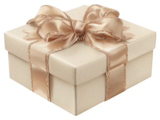 A cream-colored gift box, elegantly wrapped with a light beige ribbon featuring gold trim.  A large bow sits atop the box