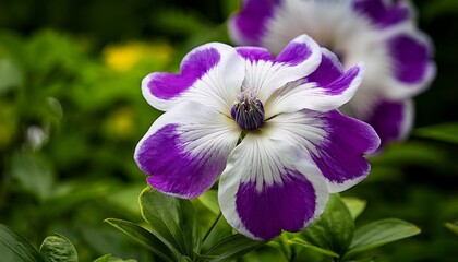 premium nature inspired image of a purple and white flower with lush green surroundings