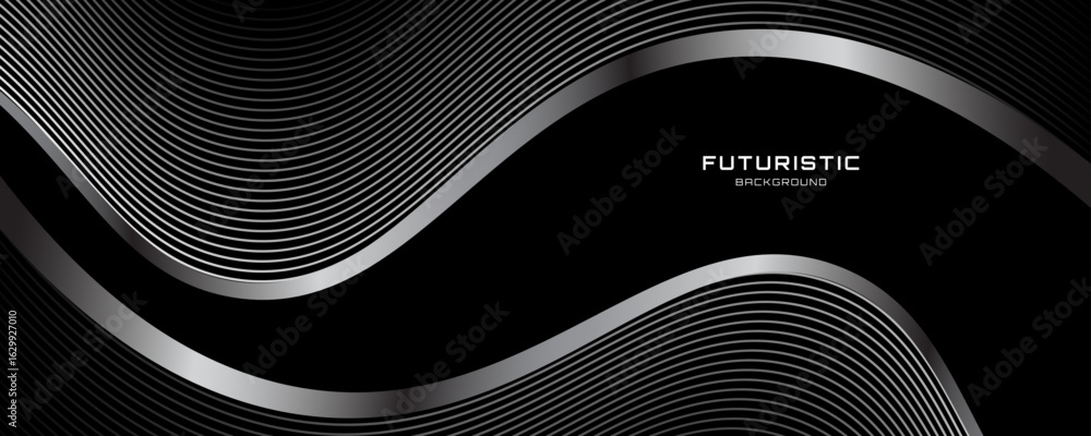 Poster 3d black white techno abstract background overlap layer on dark space with silver wave lines decorat