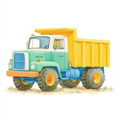 Artistic watercolor illustration of a mining dump truck showcasing a heavy-duty design in a dense arrangement