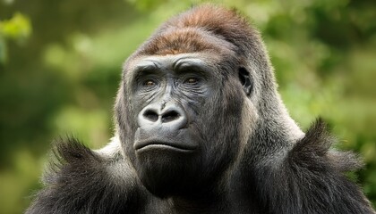 Obraz premium portrait of gorilla deep in thought against forest green background