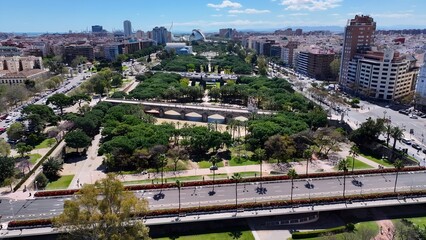 Turia Gardens In Valencia Spain. Breathtaking Aerial Landscape Of Famous Leisure Park Of The City. Town Sky Backgrounds Urban. Outside Backgrounds Up Above. Valencia Spain.