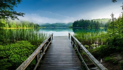 Fototapeta premium serene boardwalk leading to a still lake surrounded by lush greenery and soft reflections