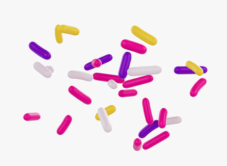Bright and colorful candy sprinkles scattered on a white background, 3d illustration