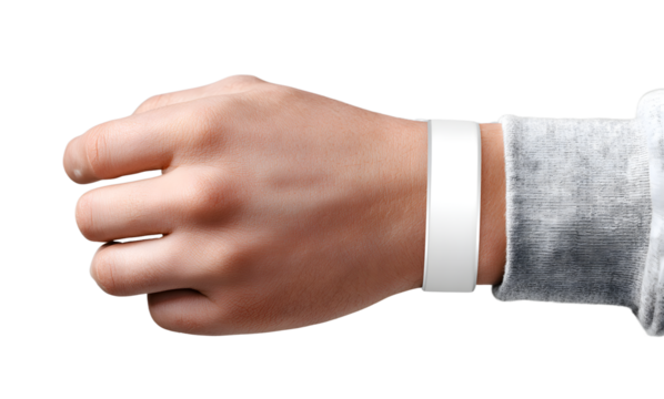 Blank white sport wristband on male hand mockup, ai generated