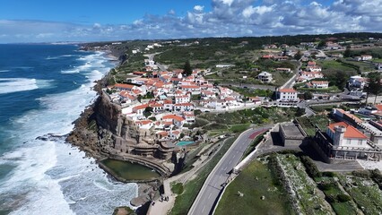 Azenhas Do Mar Beach In Sintra Lisbon District Portugal. Aerial View Of Stunning Beach With Crystal Clear Waters. Town Sky Backgrounds Urban. Outside Backgrounds Up Above. Sintra Lisbon District.