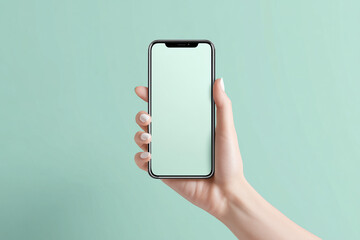 A hand holding an iPhone with a blank white screen, in a mockup style
