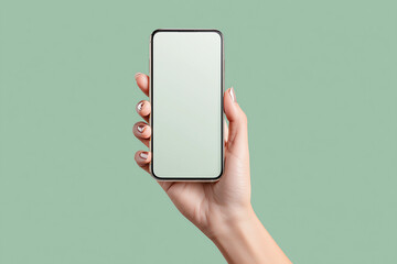 A hand holding an iPhone with a blank white screen, in a mockup style