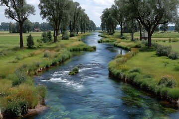 Calm river flowing through green landscape high resolution picture