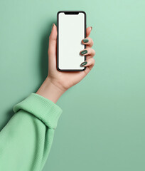 A hand holding an iPhone with a blank white screen, in a mockup style