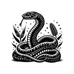 Fototapeta premium Cobra snake with tongue and plant isolated on white background illustration