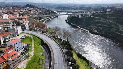 Porto Skyline In Porto Portugal. Aerial View Of Stunning Beach With Crystal Clear Waters. Town...
