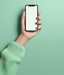 A hand holding an iPhone with a blank white screen, in a mockup style