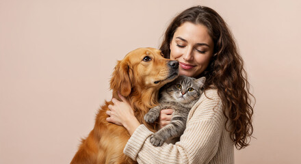 Joyful woman hugging her dog and cat together, expressing love and emotional connection with pets indoors.