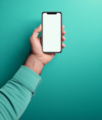 A hand holding an iPhone with a blank white screen, in a mockup style