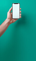 A hand holding an iPhone with a blank white screen, in a mockup style