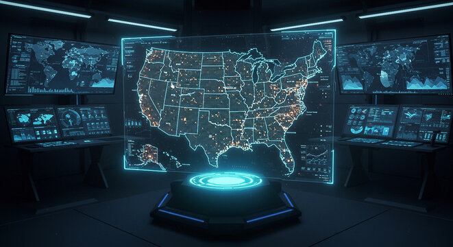 A futuristic control room with a glowing blue map of the United States on a large screen, surrounded by various digital displays and a central console with a blue-lit interface.