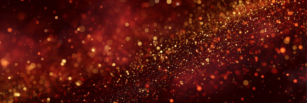 abstract background with red and gold particle. Golden light shine particles bokeh on purple background.