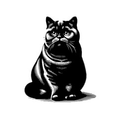 Black cat sitting isolated on white background with a grumpy expression