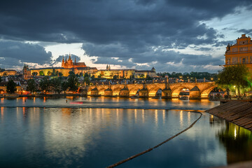 Charles Bridge and Prague Castle Illuminated at Dusk, Czech Republic