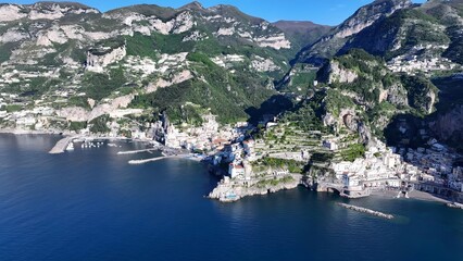 Obraz premium Amalfi Coast In Amalfi Salerno Italy. Breathtaking Aerial View Of A Lush Tropical Coastline Scenery. Deserted Skyline Heaven Amazing. Heaven Waterfront Shore. Amalfi Salerno.