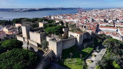 Sao Jorge Castle In Lisbon Portugal. Birds Eye View Of Medieval Building In Famous District Of...