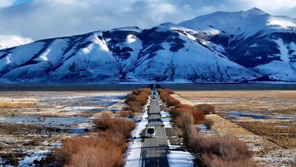Patagonia Skyline In El Calafate Santa Cruz Argentina. Breathtaking Aerial View Of Busy Traffic In...
