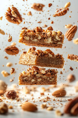 nougatine pastry flying with nut pieces, isolated on white background