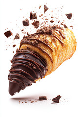 pain au chocolat flying with chocolate drizzle and crumbs, isolated on white background